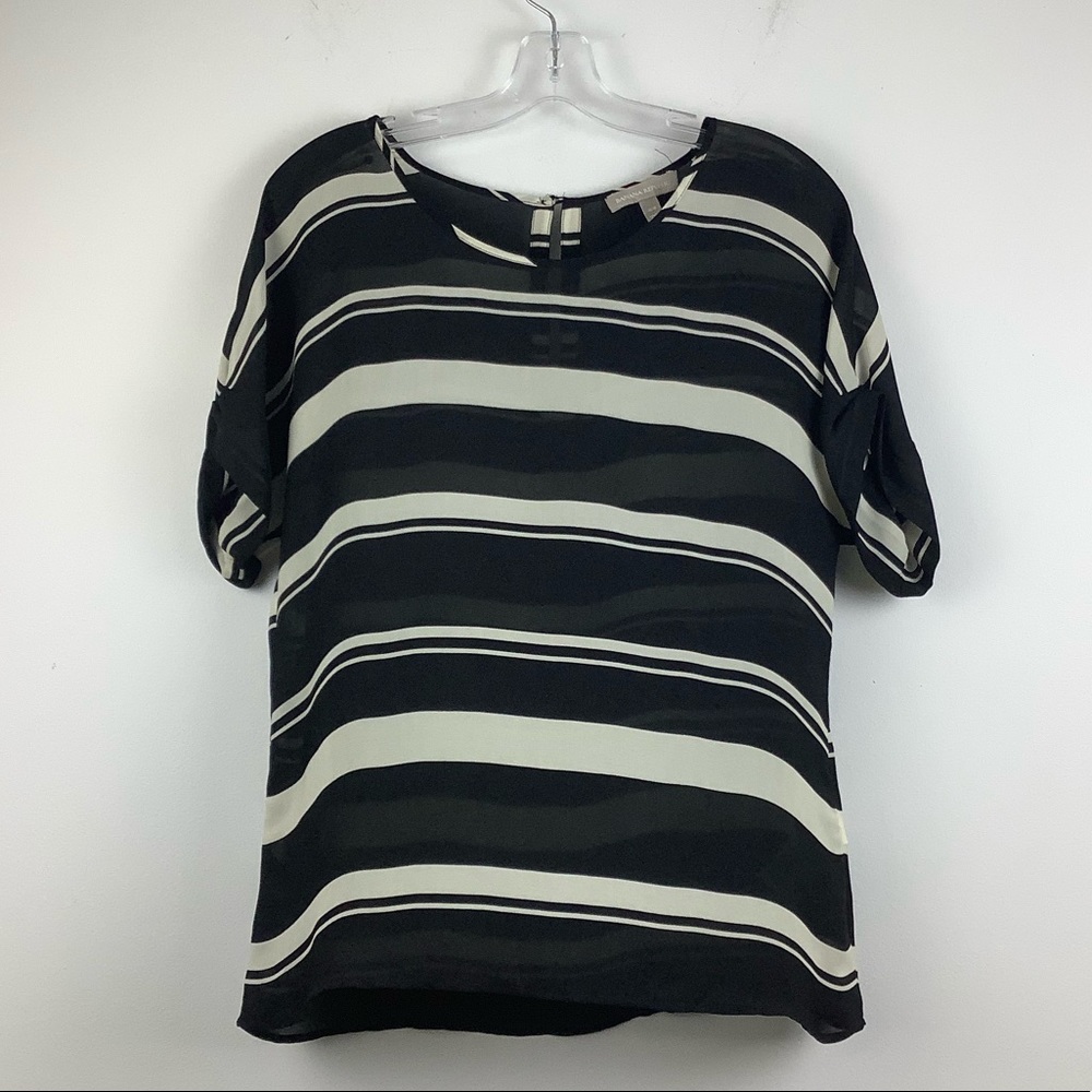 Banana Republic Semi Sheer Striped Short Sleeve Drapey Blouse in Black/White